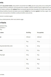 Nutrition facts and ingredients list for OstroVit - THE BAR protein snack, detailing calories and nutrient breakdown.